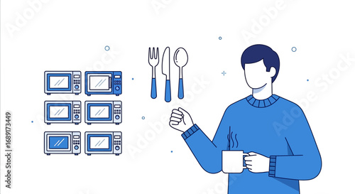Microwave meal preparation scene with cutlery and character enjoying a hot drink illustration
