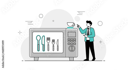 Microwave oven vector illustration with man and dish concept modern appliance vector design