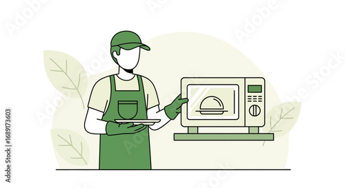 Minimalist illustration of chef with meal ready to be heated in microwave oven