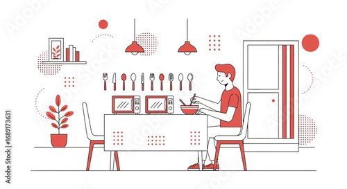 Minimalist illustration of a person eating in a modern kitchen with red accents depicts modern