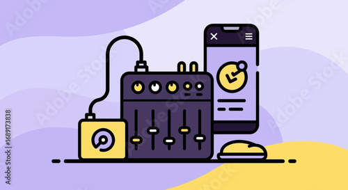 Modern flat illustration featuring audio mixing desk with a smartphone integration  in a