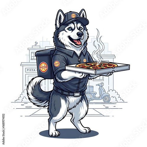 Cartoon Husky Dog Pizza Delivery Mascot Vector Illustration