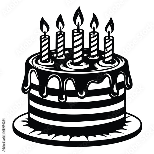 Black and white drawing of a striped birthday cake with five lit candles Keywords: birthday cake