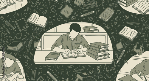 Monochromatic illustration showcasing a student immersed in studying surrounded by books