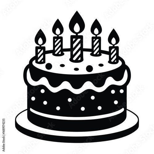 Black and white icon of a round birthday cake with five lit candles Keywords: birthday cake