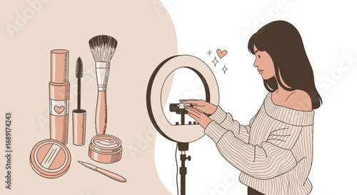 Online Beauty Influencer with Makeup and Ring Light Illustrating Beauty Content Creation