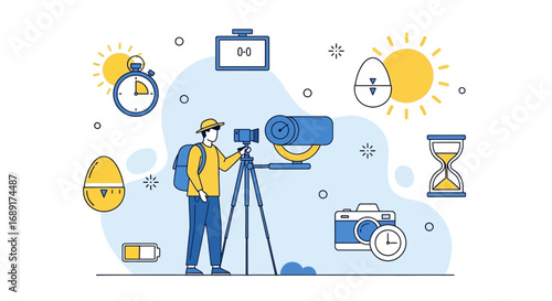 Professional photographer working on landscape photography setup with equipment illustration