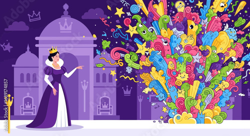 Queen in fantasy land unleashing vibrant chaos from her fairy tale kingdom stage
