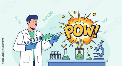 Scientist creates explosive experiment with comic book style, vector illustration