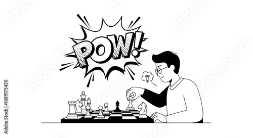 Strategic chess move illustration showcasing intellect and game winning strategy with a bold pow