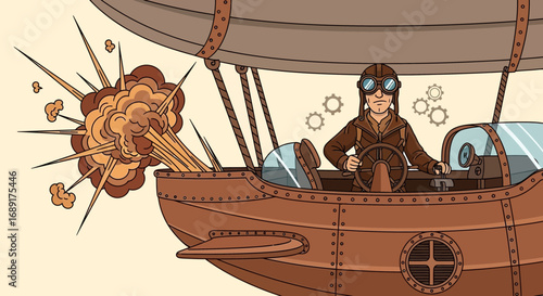 Steampunk airship encountering explosive turbulence with intrepid pilot at the helm showing