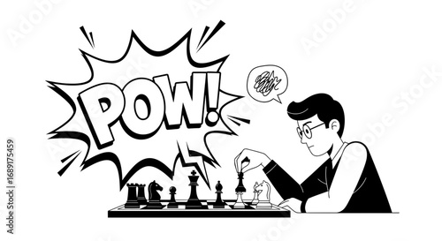 Strategic chess move leading to victory illustrated with dynamic comic book style graphics