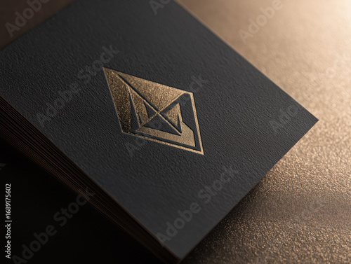 Elegant Diamond-Emblazoned Logo Embossed on Dark Paper Business Card with Metallic Gold Texture – Minimalist Mockup