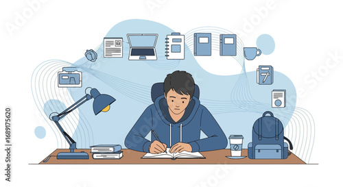 Studious student diligently working on a school assignment at his desk at home attentively