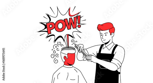 Stylized barber cutting customer's hair with comic book POW sound effect illustration
