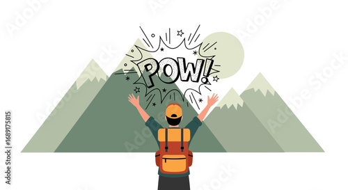 Successful hike celebration with cartoon explosion text, mountains, and backpacker achievement