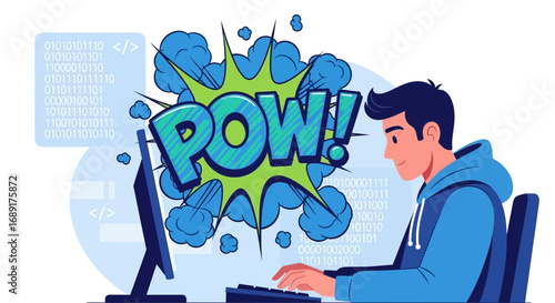 Successful coding concept featuring a happy programmer and a 'POW!' comic bubble