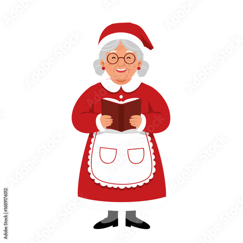 Mrs. Claus standing with cookbook in hand wearing festive clothing, transparent background, isolated, vector