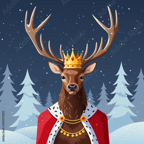 Majestic Reindeer King wearing a golden crown in snowy forest background, vector  