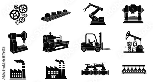 Industrial manufacturing icons, gears, conveyor belt, robotic arm, machine tools, forklift, oil pump, factories, pipelines, automation, production line, heavy industry, machinery,