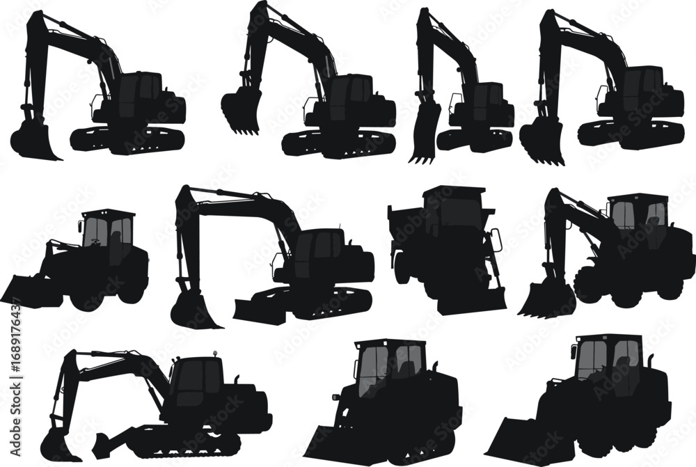 custom made wallpaper toronto digitalExcavator, bulldozer, backhoe, loader, crawler digger, heavy equipment, construction machinery silhouettes, industrial vehicles, earthmoving tools, black vector icons