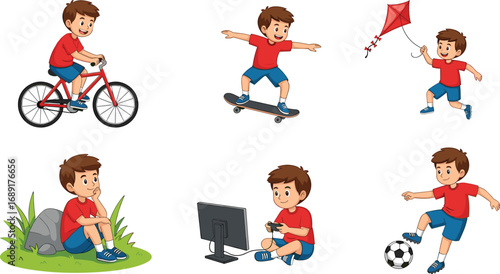 Boy playing soccer, riding bike, flying kite, skateboarding, gaming, sitting alone, child activities, childhood fun, outdoor and indoor play