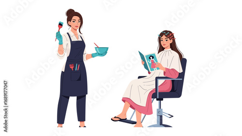Hairdresser with dye bowl and brush stands beside client reading magazine in salon chair