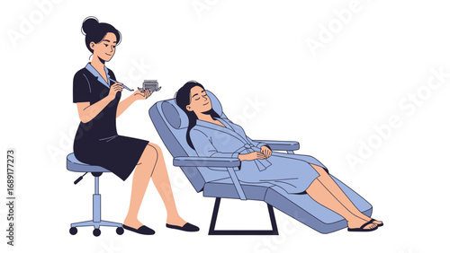 Skilled beautician carefully applying eyelash extensions to a relaxed client in a salon chair