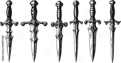Set of Occult Ritual Dagger Sketches, Gothic Knife Hand-Drawn Vector Illustrations and Vintage Halloween Design Elements