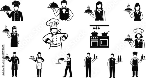 Restaurant staff icons, chefs and waiters silhouettes, cooking and serving food symbols, professional kitchen team, hospitality service illustrations, food presentation, culinary staff