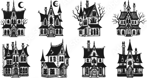 Set of Witch House Sketches, Gothic Style Victorian Mansion Hand-Drawn Vector Illustrations and Retro Building Architecture Design