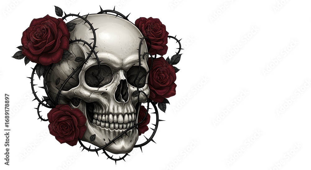 Obraz premium skull with roses and thorns, image for shirt printing and graphic projects 
