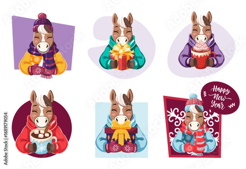 Cute Cartoon Christmas Horse with Gifts and Cocoa Clipart Set