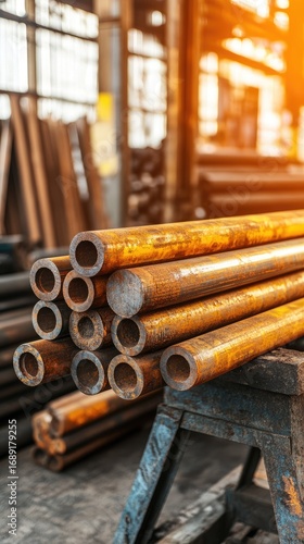 Warm Sunlight Illuminates a Stack of Rusted Hollow Metal Pipes in a Factory