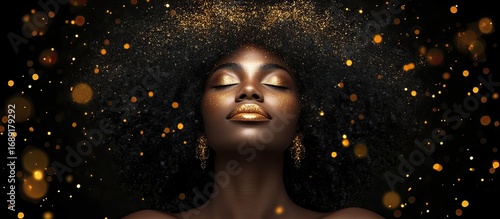 Radiant Portrait of a Woman with Golden Glitter Makeup and Sparkling Afro Hair amidst Bokeh Lights