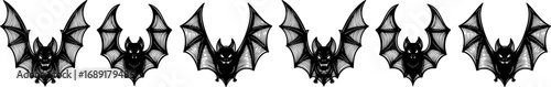 Set of Gothic Style Bat Sketches, Scary Animal Drawings and Hand-Drawn Halloween Vector Illustrations