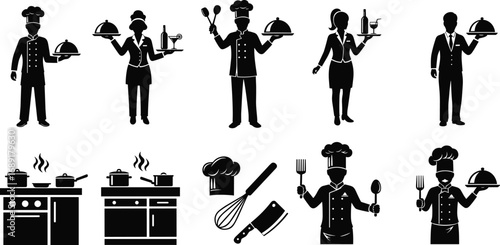 Restaurant staff icons, chefs and waiters silhouettes, kitchen utensils, cooking and serving food symbols, professional culinary team, hospitality industry, food preparation and service