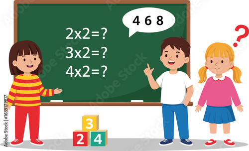 Children solving multiplication problems, kids learning math, classroom education, boys and girls, math lesson, school kids thinking, teaching, studying together