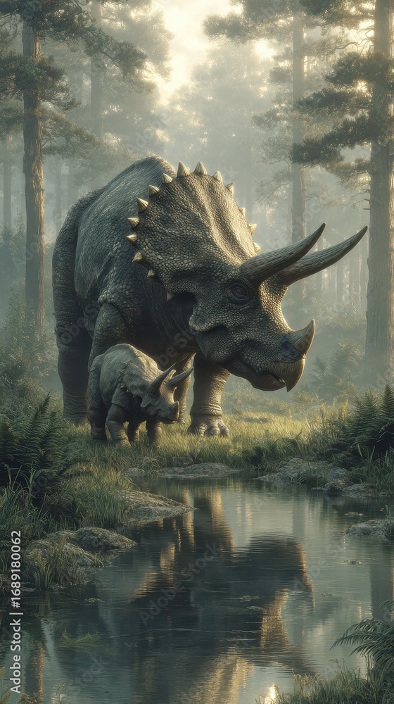 Fototapeta premium Triceratops family near a tranquil stream in a prehistoric forest at dawn