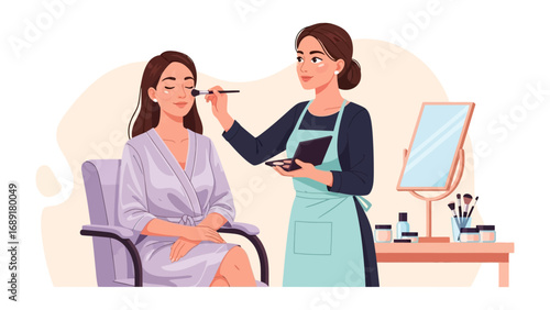 Professional makeup artist applying foundation to a client s face in a beauty salon setting with tools and mirror