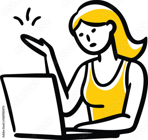 woman stressed at laptop with virus in thought bubble – line art illustration of technical issue, malware worry, or cybersecurity problem