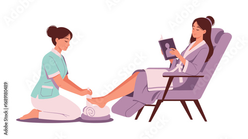 Relaxing spa pedicure experience with a client enjoying a digital device in a comfortable chair