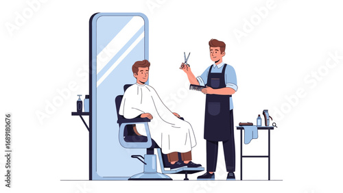 Skilled barber with scissors and comb attends to client seated in chair at salon