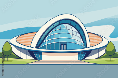 Illustration of a modern architectural structure featuring a glass dome surrounded by greenery and blue skies.