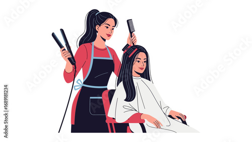 Skilled hairstylist expertly styles client s long dark hair with professional tools in a salon setting