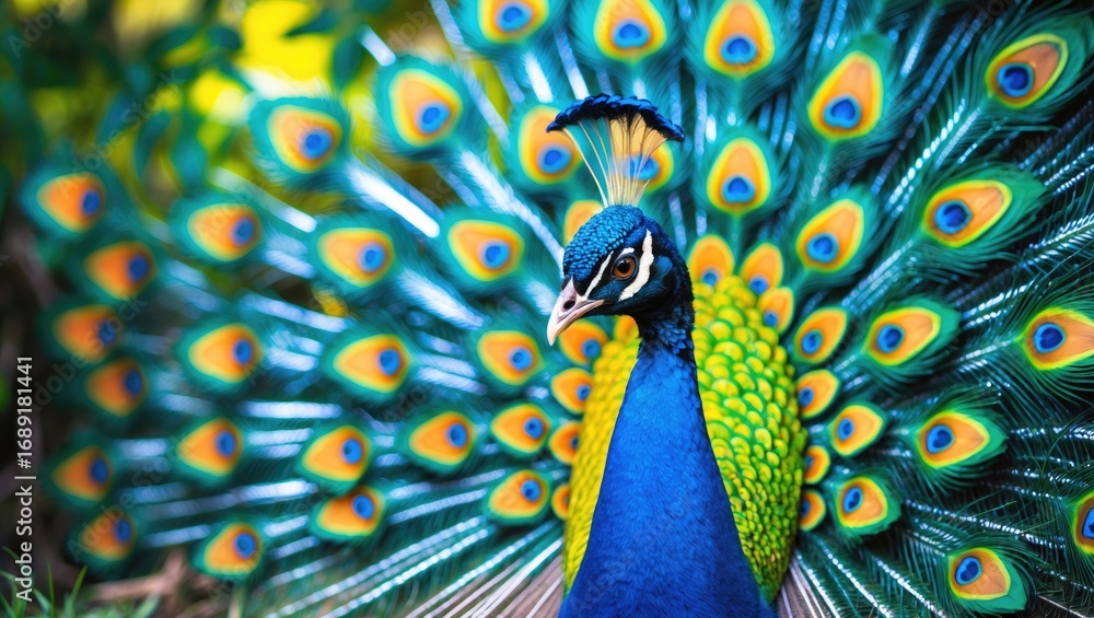 Fototapeta premium Colorful peacock displaying vibrant feathers.