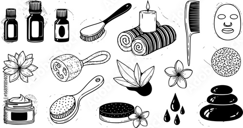 Selfcare Background with Wellness and Spa Seamless Pattern, Hand-Drawn Vector Illustration for Beauty Salon Vintage Border Design