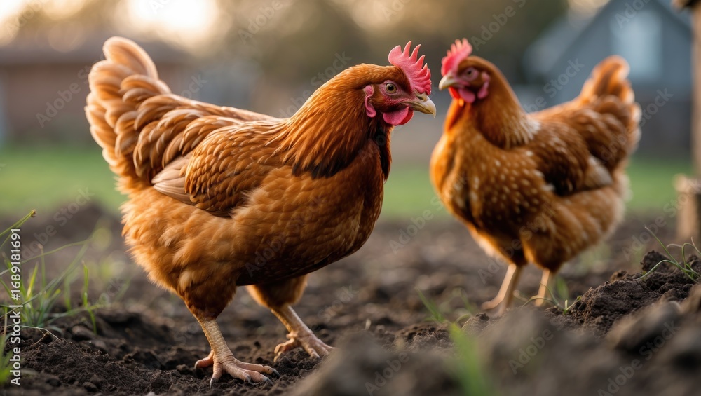 Fototapeta premium Two chickens in a farmyard with soil and grass, chickens, farmyard, poultry.