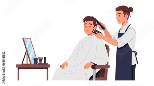 Skilled barber carefully trims client s hair with clippers in a modern salon setting