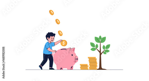 A young person actively saving money by placing coins into a piggy bank with a growing money tree nearby illustrating financial growth and responsible saving habits for future wealth accumulation